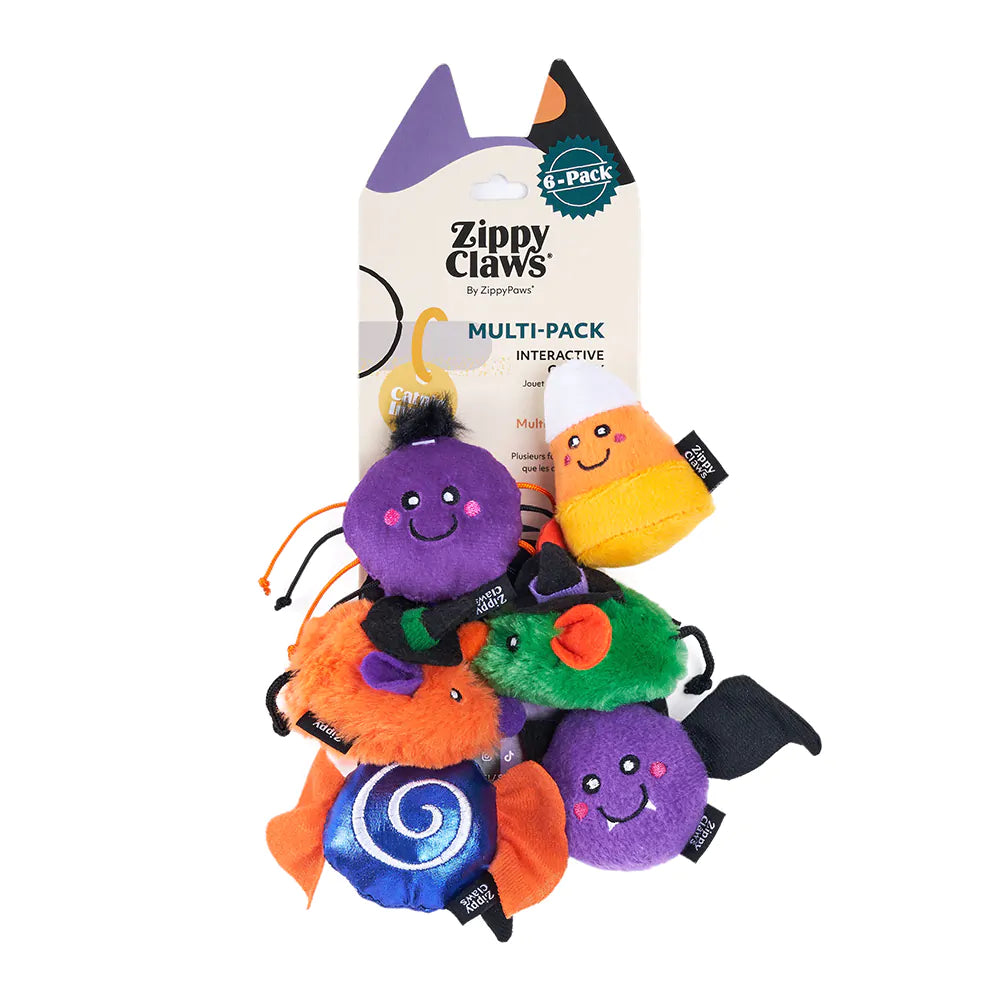 Zippy Claws dog toy multi-pack with Halloween-themed designs on a white background