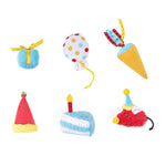 Set of colorful toy items including a gift, balloon, ice cream cone, party hats, cake, and mouse on a white background.