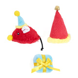 Three colorful plush toys with festive hats and a bow on a white background