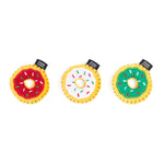 Three colorful donut-shaped toys on a white background