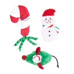 Three Christmas-themed toys: a candy cane, a snowman, and a mouse, on a white background.