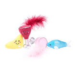Four colorful plush toys on a white background