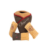 Dog toy shaped like churros with a smiling face on a white background