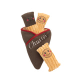 Dog toy resembling churros with smiling faces on a white background
