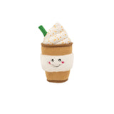Plush toy resembling a ice cream shake with a smiling face on a white background