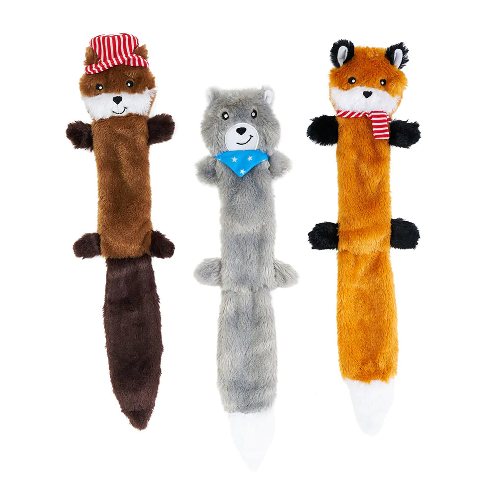Three plush dog toys shaped like animals on a white background