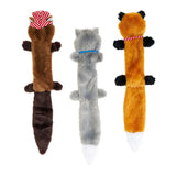 Three plush dog toys shaped like raccoons, a wolf, and a fox on a white background