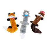 Three plush dog toys shaped like a fox, wolf, and raccoon on a white background