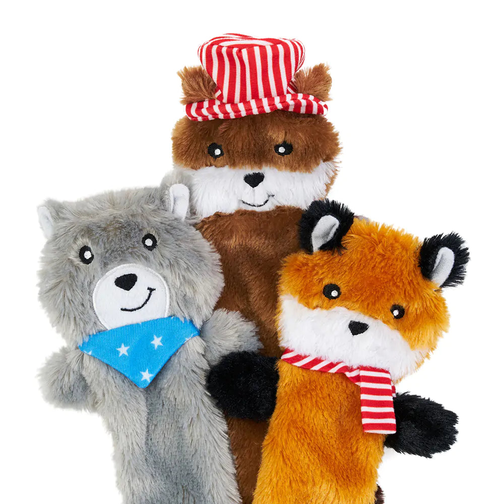 Three plush toys resembling a wolf, bear, and fox with accessories on a white background
