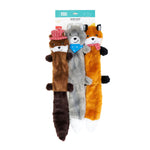 Three plush dog toys shaped like raccoons, foxes, and a bear with accessories on a white background.