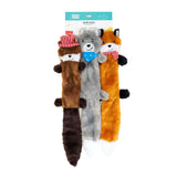 Three plush dog toys shaped like raccoons, foxes, and a bear with accessories on a white background.