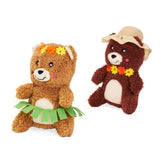 Two teddy bears, one with a hula skirt and flower crown, the other with a hat and lei, on a white background.