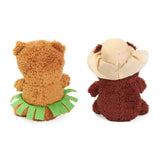 Two plush toys, one resembling a bear with a green skirt and the other resembling a lion with a beige mane, on a white background.