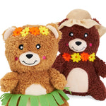 Two teddy bears with flower leis on a white background