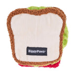 Dog toy shaped like a sandwich with ZippyPaws branding on a white background