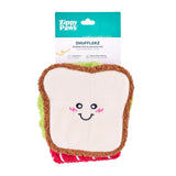 Sandwich-shaped dog toy with a smiling face on a white background, featuring the brand 'Zippy Paws'.