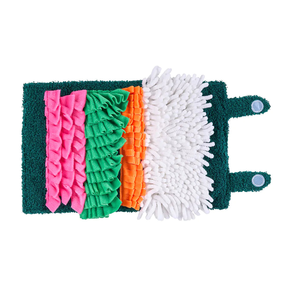 Set of colorful grooming mitts with different textures on a white background