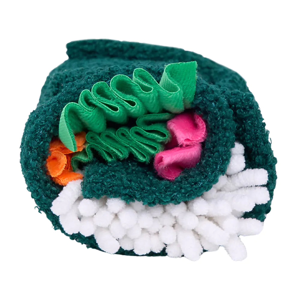 Toy resembling a roll of sushi with green, pink, orange, and white colors on a white background
