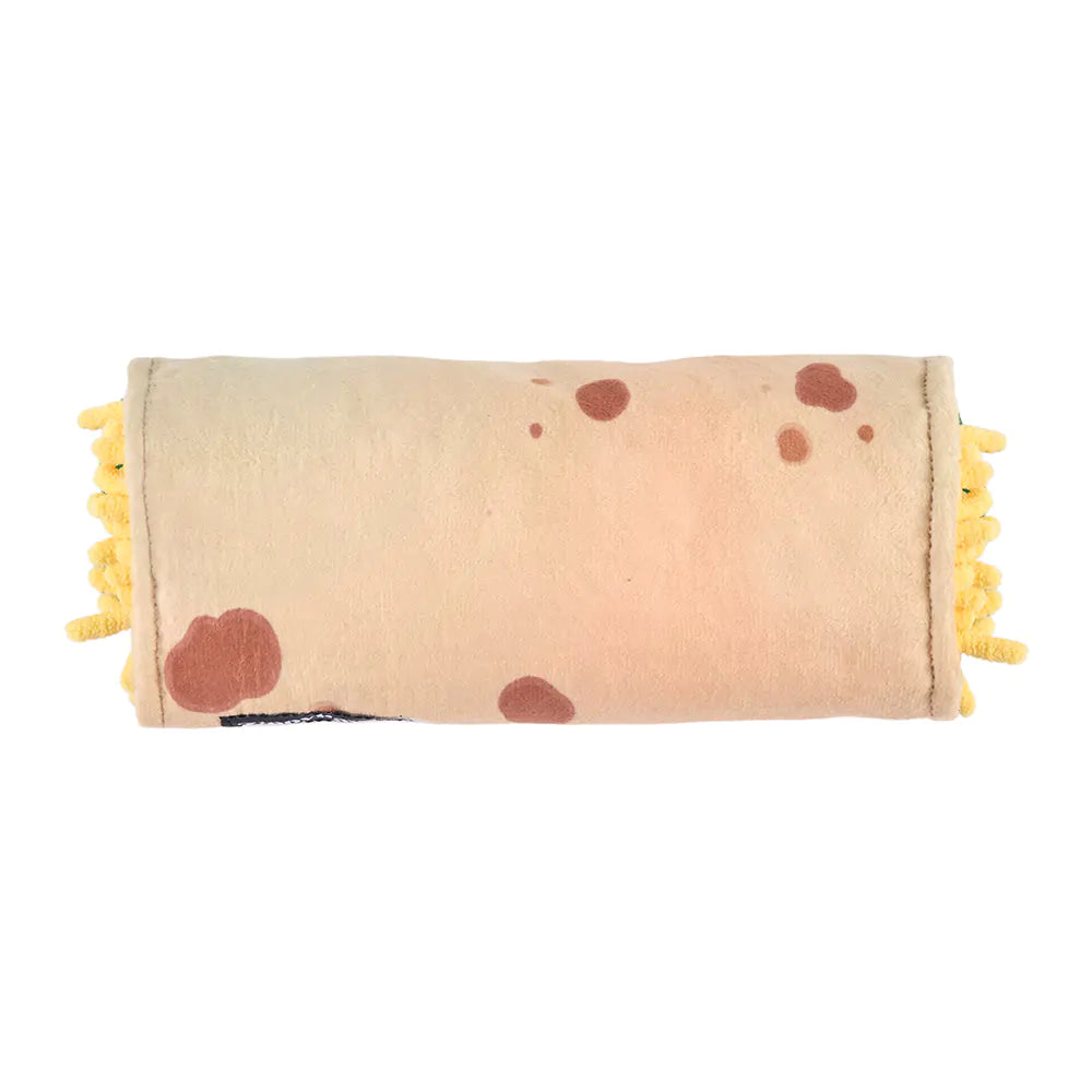 Folded blanket with brown spots and yellow edges on a white background