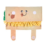Plush toy resembling a sandwich with a smiling face on a white background