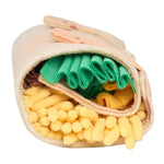 Toy resembling a burrito with green and yellow elements on a white background