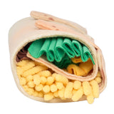 Toy resembling a burrito with green and yellow elements on a white background
