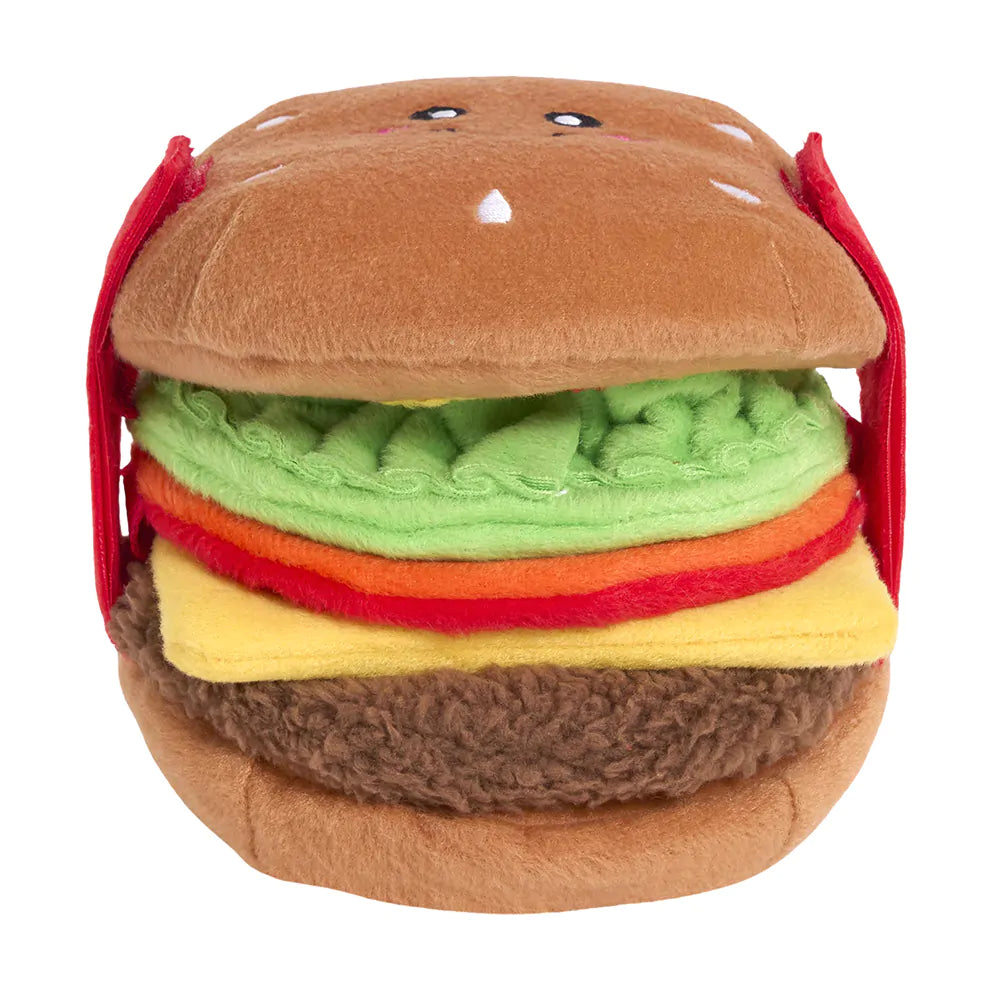 Plush toy hamburger with brown bun, green lettuce, red ketchup, yellow mustard, and brown beef patty on a white background.