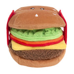 Plush toy hamburger with brown bun, green lettuce, red ketchup, yellow mustard, and brown beef patty on a white background.