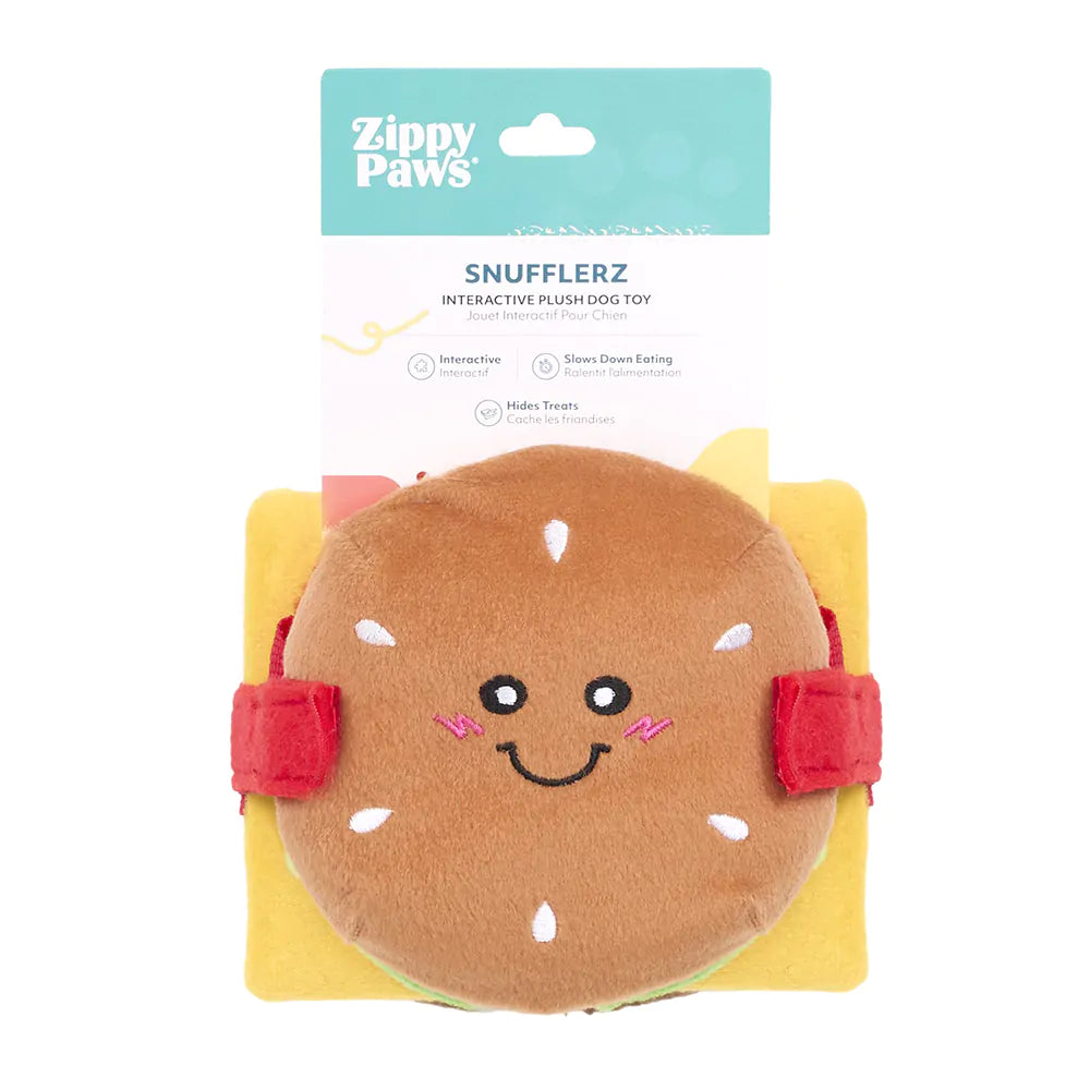 Plush dog toy shaped like a hamburger with 'Zippy Paws' packaging on a white background