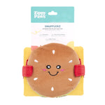 Plush dog toy shaped like a hamburger with 'Zippy Paws' packaging on a white background