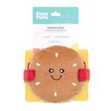 Plush dog toy shaped like a hamburger with 'Zippy Paws' packaging on a white background