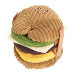 Plush toy designed to look like a hamburger with a smiling face on a white background