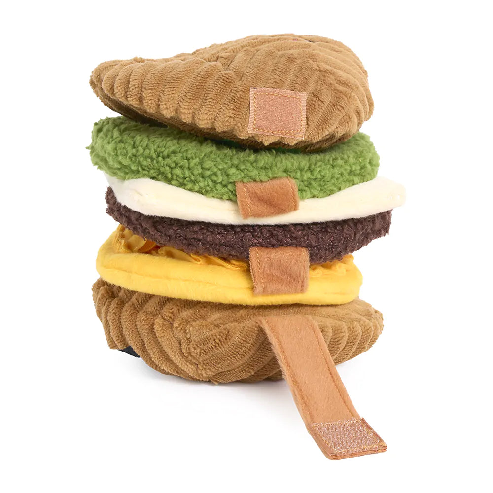 Plush toy resembling a hamburger on a white background