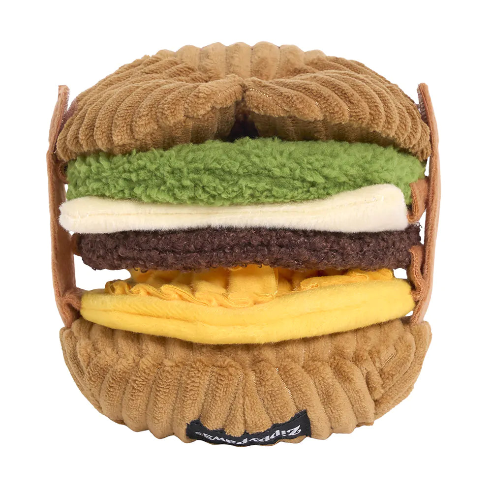 Plush toy designed like a hamburger with visible brand logo on a white background