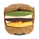 Plush toy designed like a hamburger with visible brand logo on a white background