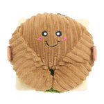 Brown plush toy with a smiling face on a white background