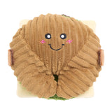 Brown plush toy with a smiling face on a white background