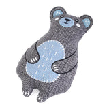 Gray bear-shaped plush toy with a blue belly on a white background