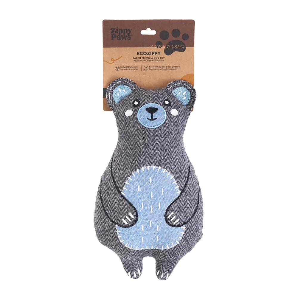 Gray bear-shaped dog toy with blue accents on a white background, featuring Zippy Paws branding.