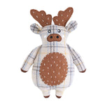 Plush toy reindeer with brown antlers and body, gray and white checkered pattern on a white background