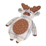 Plush moose toy with brown and plaid pattern on a white background