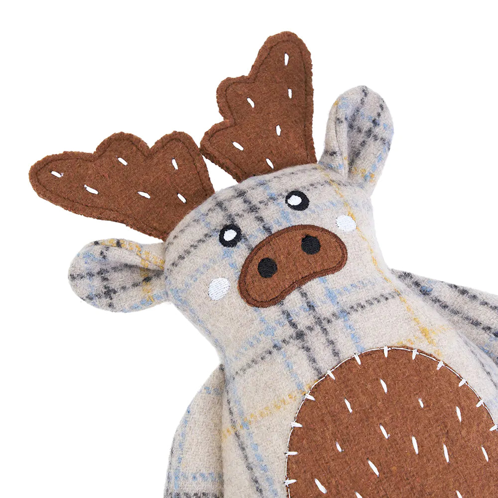 Plush moose toy with checkered pattern on a white background