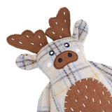 Plush moose toy with checkered pattern on a white background