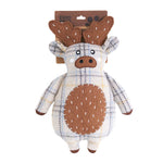 Plush toy reindeer with brown antlers and body on a white background