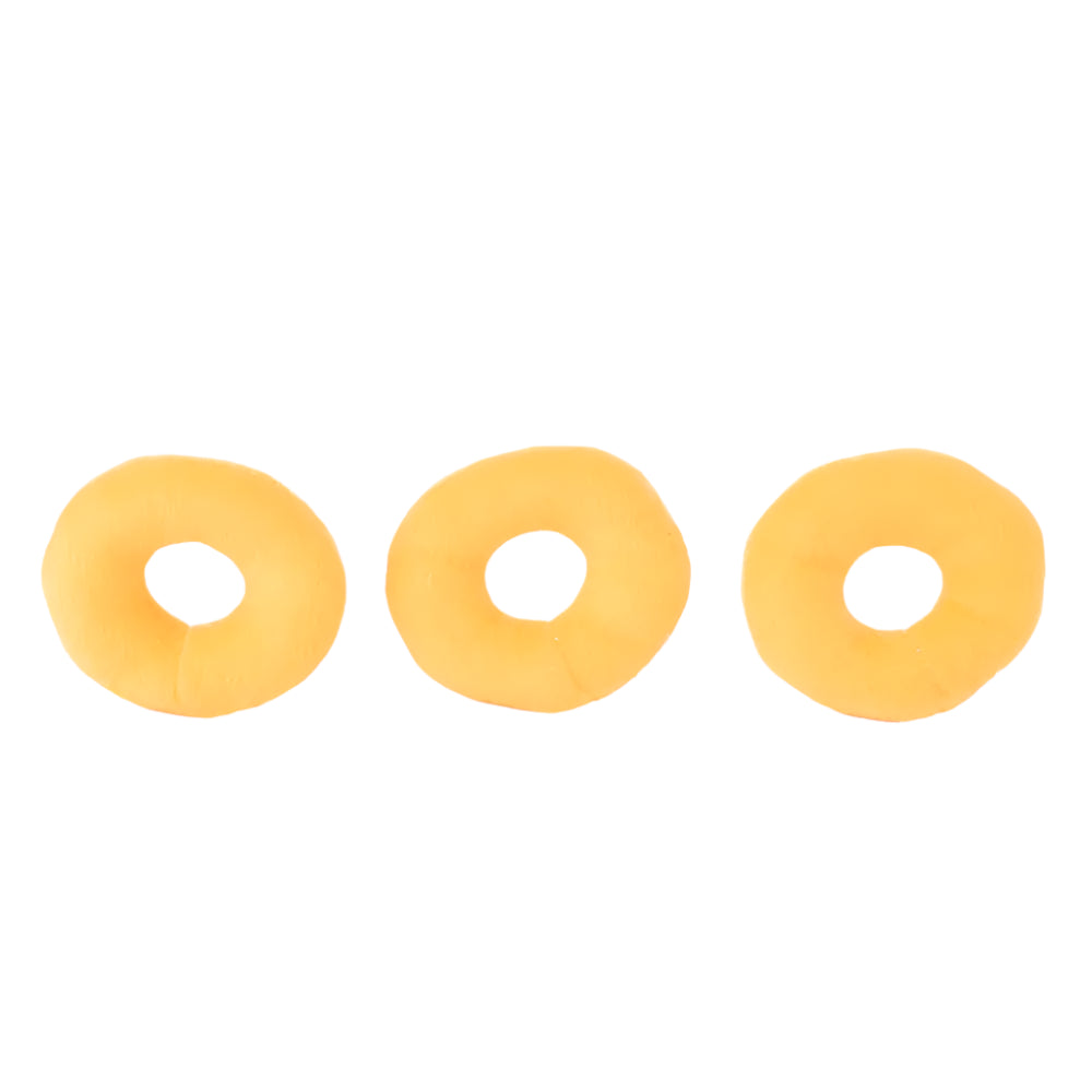 Three yellow donut-shaped objects on a white background