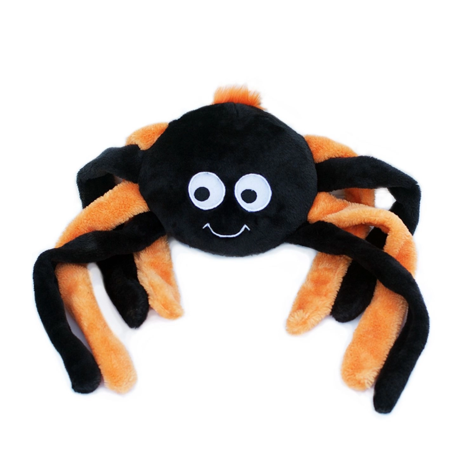 Plush spider toy with black and orange colors on a white background