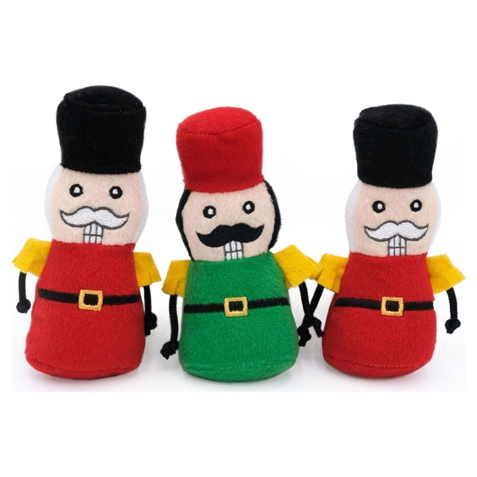 Three toy soldiers with red, green, and black hats on a white background