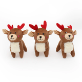 Three plush reindeer toys with red antlers on a white background