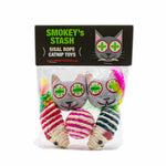 Packaged catnip toys with colorful sisal ropes and a 'Smokey's Stash' label on a white background.