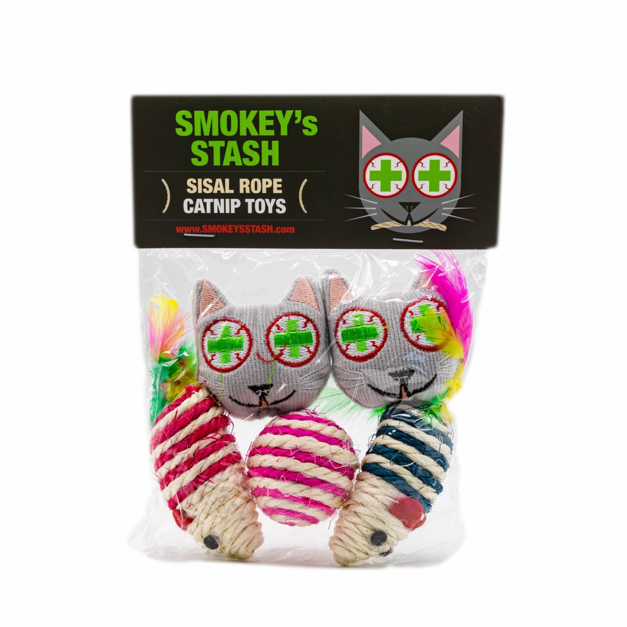 Packaged catnip toys with colorful sisal ropes and a 'Smokey's Stash' label on a white background.